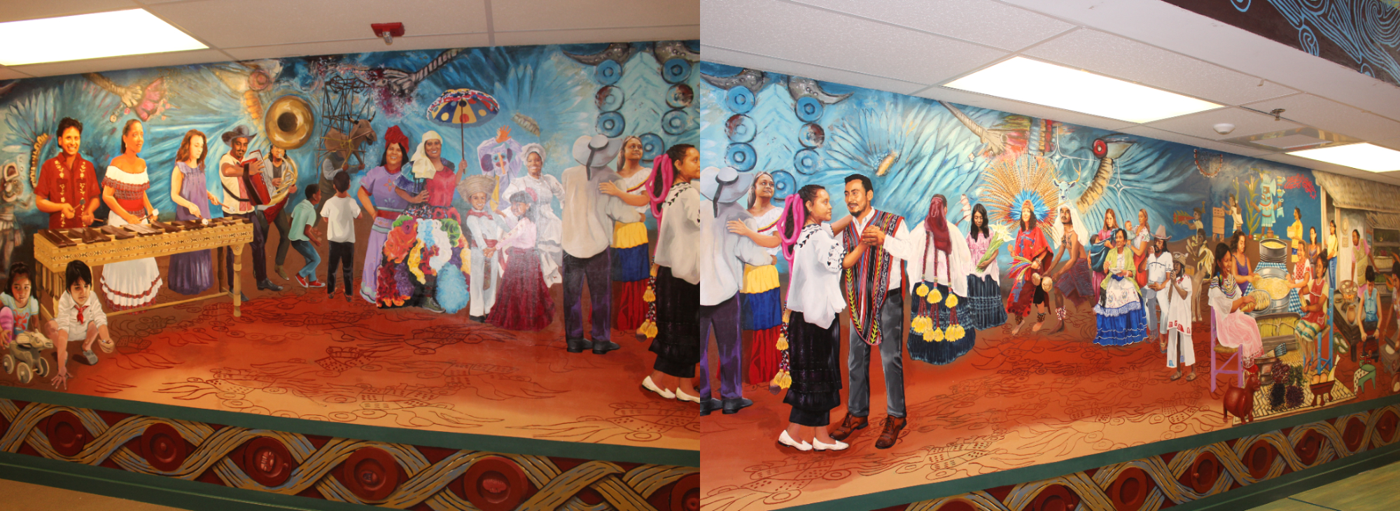  The final mural features a party scene that shows off the diverse cultures of Latin America. Photo credit: Emily Leopard-Davis/AL DÍA News