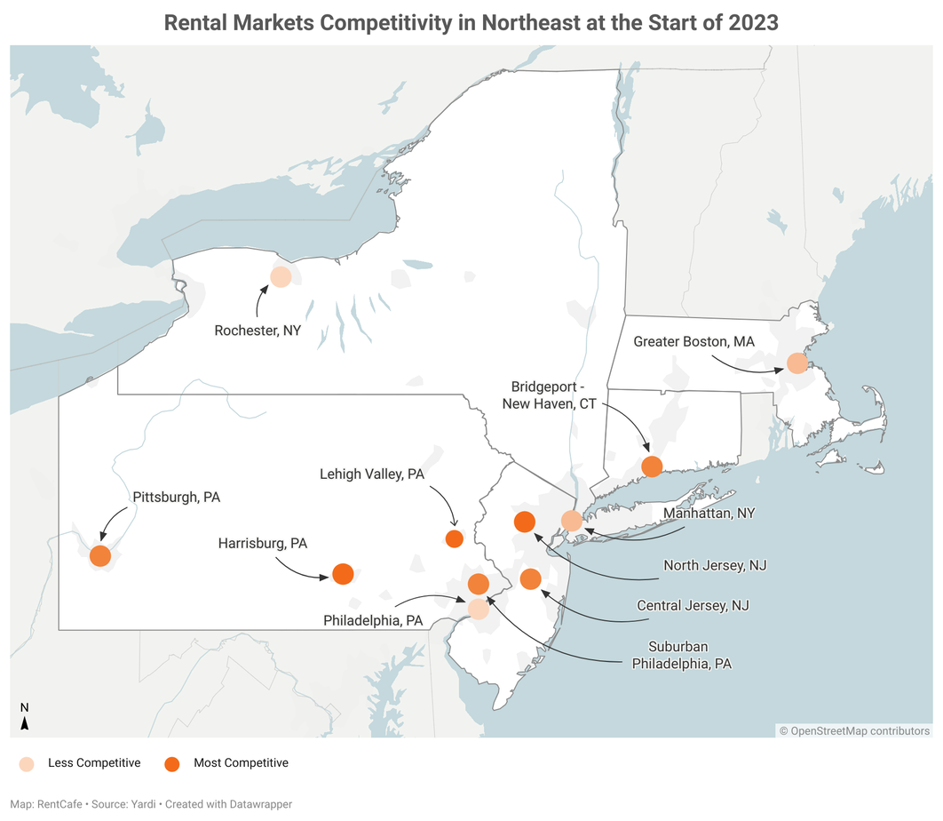 Rental markets competitivity in Northeast at the start of 2023. Graphic: RentCafe.